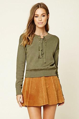 Love21 Women's Olive Contemporary Lace-up Sweater