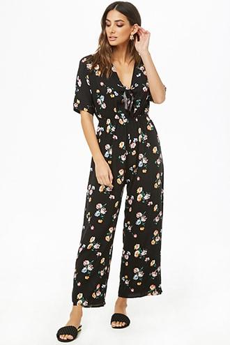 Forever21 Tie-front Floral Print Jumpsuit