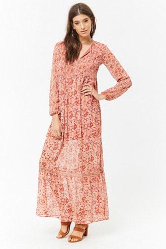 Forever21 Sheer Floral Geo Cutout Maxi Peasant Dress