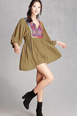 Forever21 Embroidered Pom Pom Yoke Dress