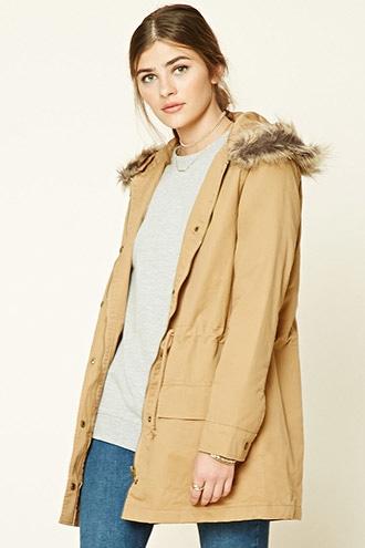Forever21 Women's  Camel Faux Fur-trimmed Parka