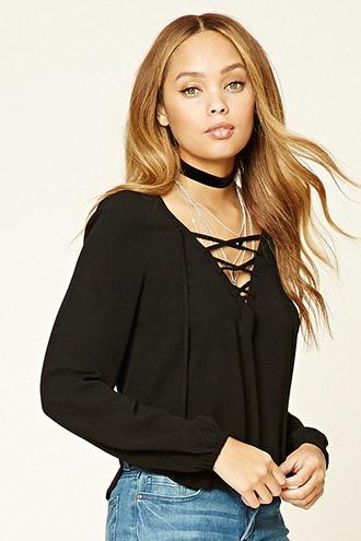 Forever21 Women's  Black Lace-up Front Top