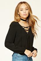 Forever21 Women's  Black Lace-up Front Top