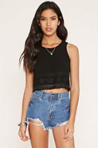 Forever21 Women's  Black Fringe-hem Embroidered Boxy Top