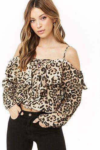 Forever21 Leopard Print Open-shoulder Top