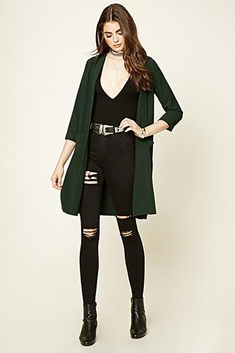 Forever21 Women's  Green Textured Open-front Duster Coat