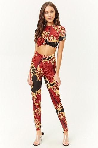 Forever21 Baroque Geo Knot-front Crop Top & Pants Set