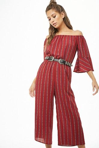Forever21 Off-the-shoulder Striped Jumpsuit