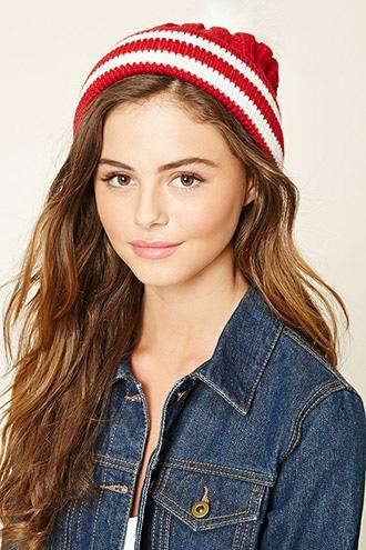 Forever21 Women's  Red & Cream Striped Fleece Beanie