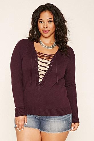 Forever21 Plus Women's  Eggplant Plus Size Lace-up Sweater