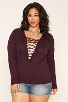 Forever21 Plus Women's  Eggplant Plus Size Lace-up Sweater