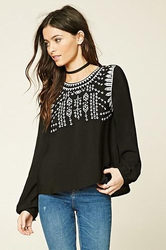 Forever21 Women's Black & Cream Back-tie Peasant Top