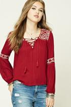 Forever21 Women's  Red & Peach Lace-up Embroidered Peasant Top