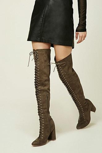 Forever21 Women's  Deep Taupe Lace-up Thigh-high Boots