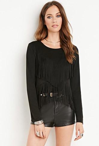 Forever21 Women's  Faux Suede Fringe Top (black)