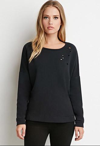Forever21 Dolman-sleeve Distressed Sweatshirt