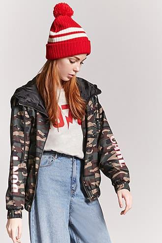 Forever21 Dont Care Graphic Camo Windbreaker