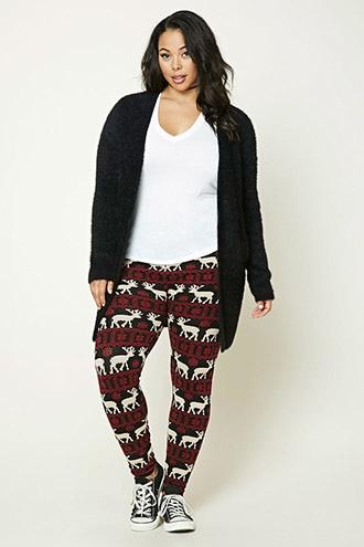 Forever21 Plus Women's  Black & Red Plus Size Fair Isle Leggings
