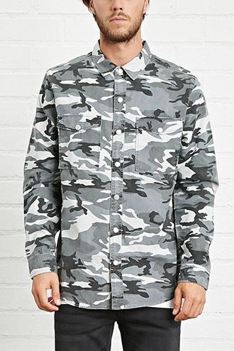 21 Men Men's  Grey & Black Camo Print Button-front Jacket