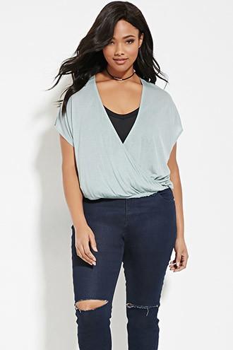 Forever21 Plus Women's  Seafoam Plus Size Sheer Surplice-front Top