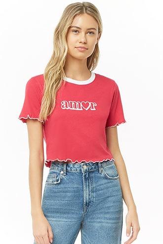 Forever21 Amor Graphic Lettuce-edge Top