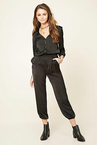 Forever21 Women's  Black Satin Button-front Jumpsuit