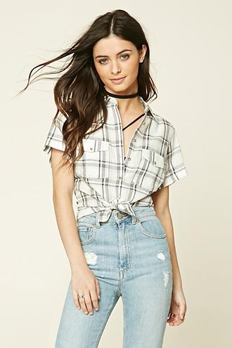 Forever21 Women's  Grey Patch Pocket Plaid Shirt