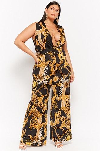 Forever21 Plus Size Baroque Print Plunging Jumpsuit