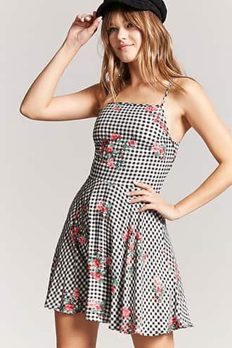 Forever21 Floral Gingham Skater Mini Dress