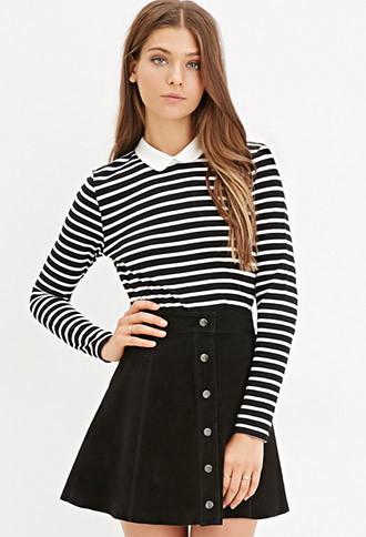 Forever21 Women's Contrast Collar Striped Shirt (black/cream)