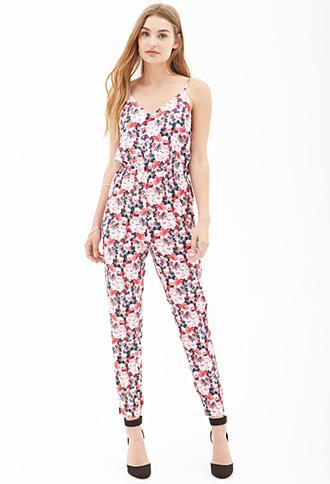 Forever21 Blurred Floral Cami Jumpsuit Green/red Small
