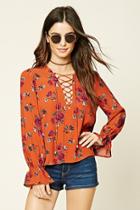Forever21 Women's  Rust & Purple Floral Print Lace-up Top