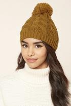 Forever21 Women's  Mustard Cable-knit Pom-pom Beanie