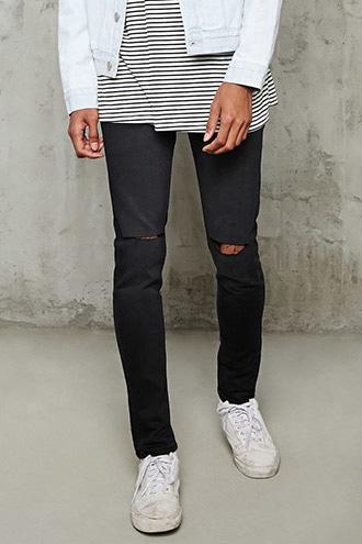 21 Men Men's  Black Ripped-knee Skinny Jeans