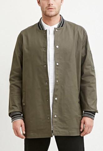 21 Men Men's  Olive & Heather Grey Varsity-striped Longline Jacket