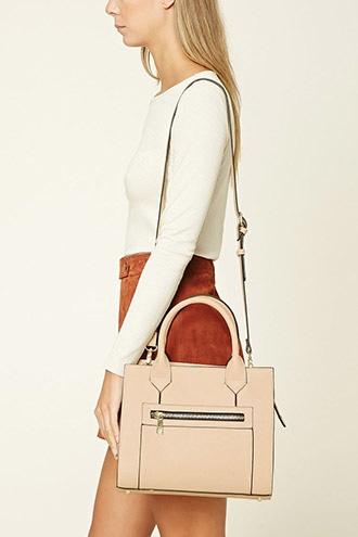 Forever21 Cream Faux Leather Zipper Satchel