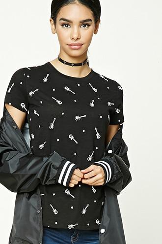 Forever21 Guitar And Star Print Tee