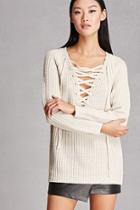 Forever21 Women's  Woven Heart Lace-up Sweater