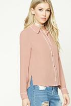 Forever21 Women's  Mauve & Cream Buttoned Contrast-trimmed Shirt
