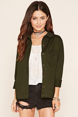 Forever21 Women's Olive Flap-pocket Cotton Shirt