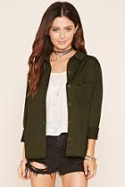 Forever21 Women's  Olive Flap-pocket Cotton Shirt