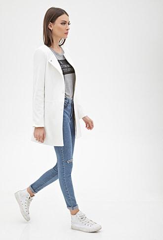 Forever21 Collarless Faux Leather-paneled Coat
