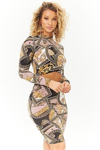 Forever21 Baroque Print Crop Top & Skirt Set