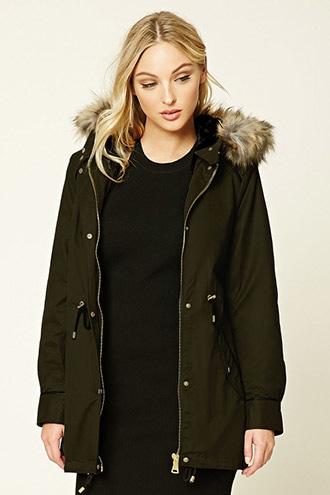 Forever21 Women's  Olive Faux Fur-trimmed Parka