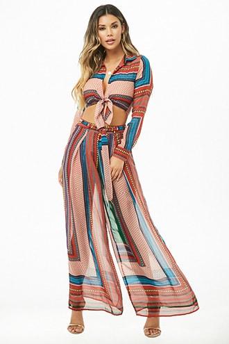 Forever21 Tribal-inspired Tie-front Crop Top & Pants Set