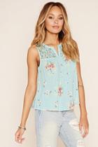 Forever21 Women's  Mint & Green Lace-yoke Floral Print Top