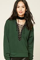 Forever21 Women's  Hunter Green Contrast Lace-up Hoodie