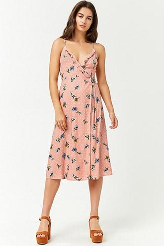 Forever21 Floral Polka Dot Ruffle-trim Wrap Dress