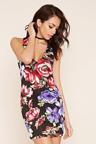 Forever21 Women's  Black & Burgundy Floral Bodycon Dress
