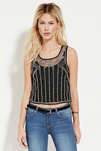 Forever21 Women's  Black Beaded Mesh Top